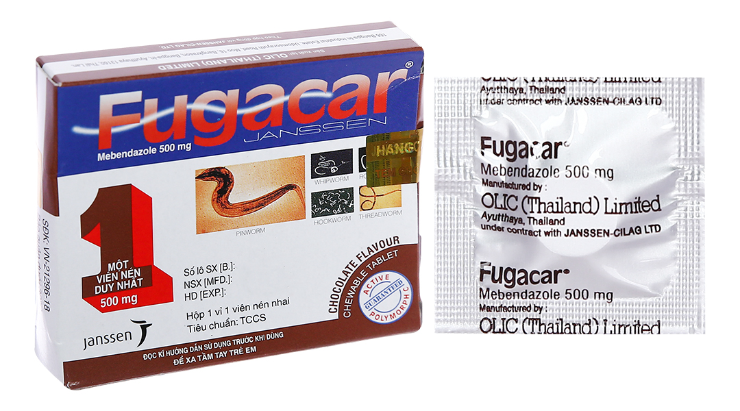 Fugacar Mebendazol 500mg Chocolate Flavour hộp 1 viên Thái Lan